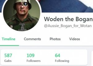 Pictures showing a section of the fake Woden the Bogan profile bio on Gab.