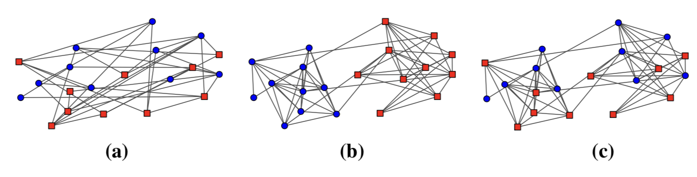 Figure 6. Three examples of graphs for the polarization index. (a) G1: Random graph. (b) G2: Echo chamber graph. (c) G3: Community structure with random opinion assignment